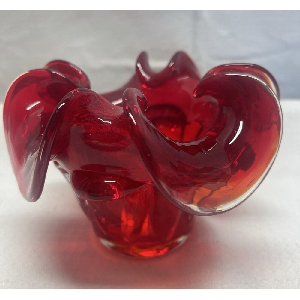 Vintage Murano Glass Votive Candle Holder Trinkets Red Ruffled Edge Decorative
